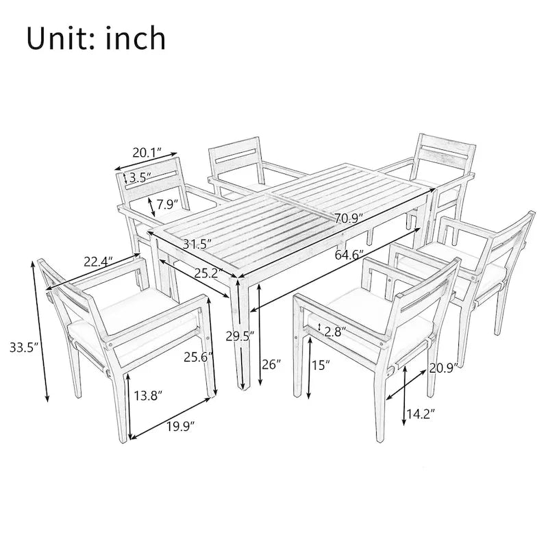 Ensemble de salle à manger d'extérieur 7 pièces en bois d'acacia avec table et 6 chaises rembourrées