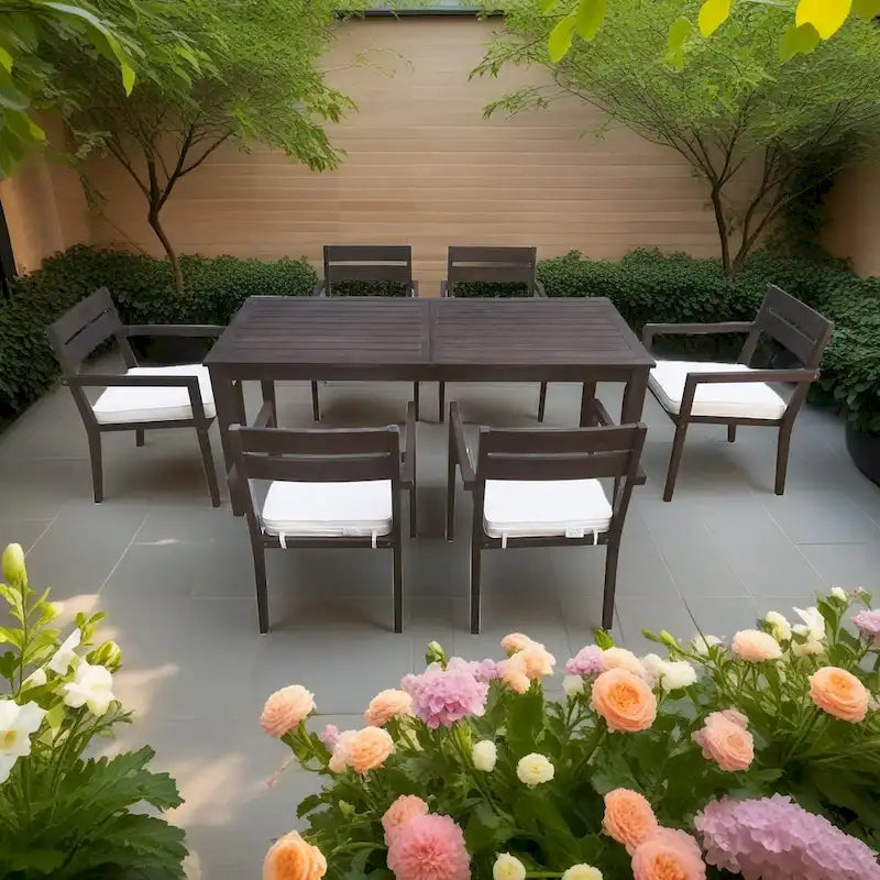 Ensemble de salle à manger d'extérieur 7 pièces en bois d'acacia avec table et 6 chaises rembourrées