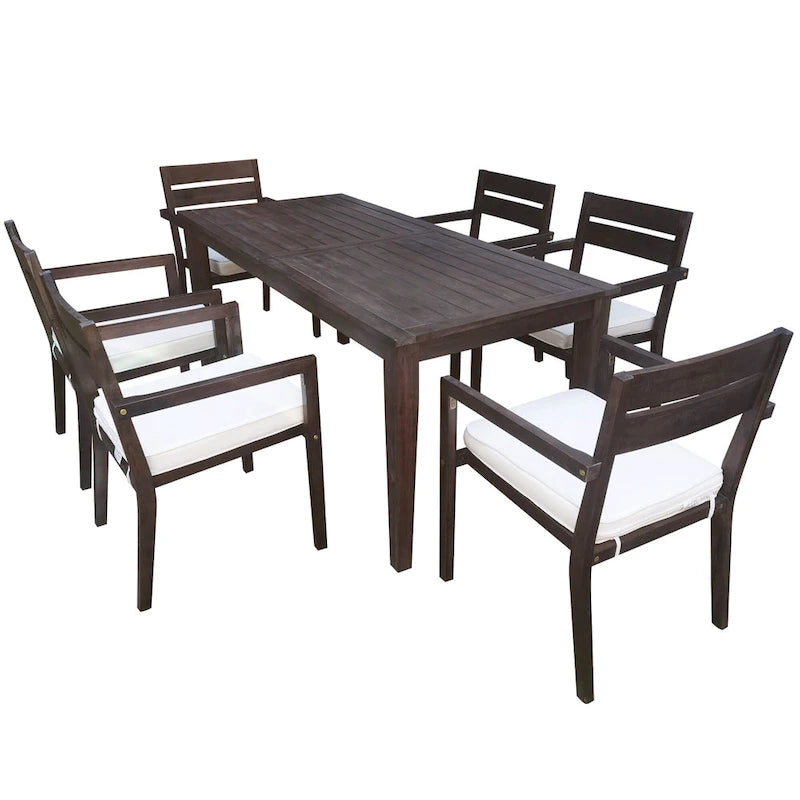 Ensemble de salle à manger d'extérieur 7 pièces en bois d'acacia avec table et 6 chaises rembourrées