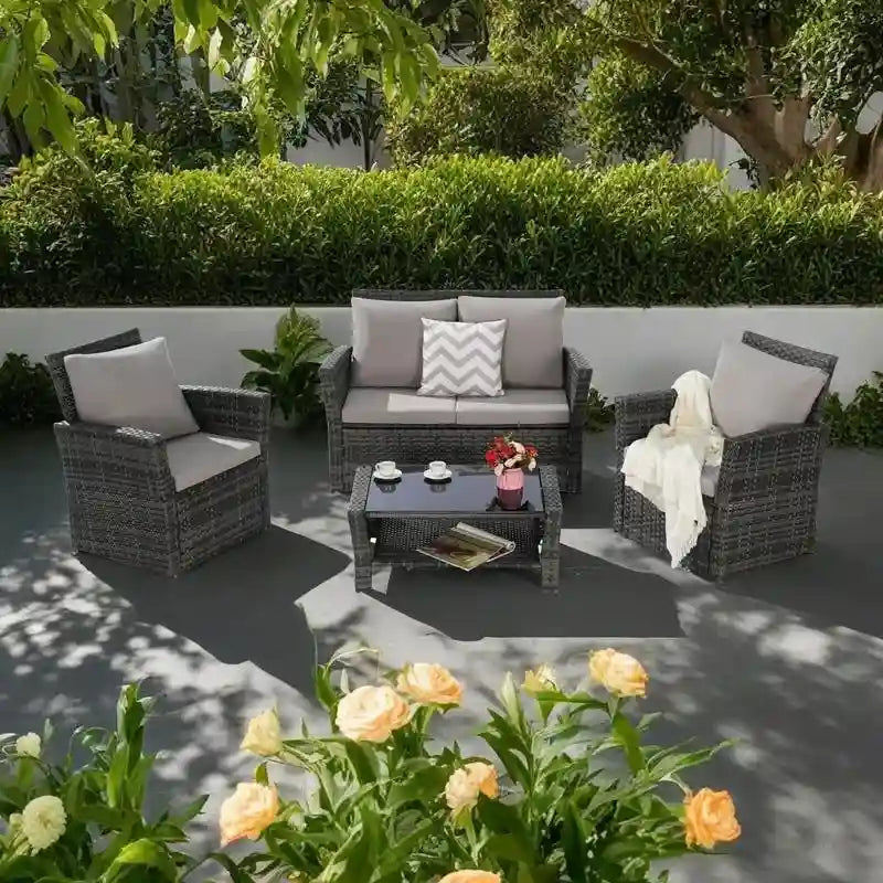Ensemble de canapé de conversation en rotin pour patio extérieur 4 pièces avec table basse en verre trempé
