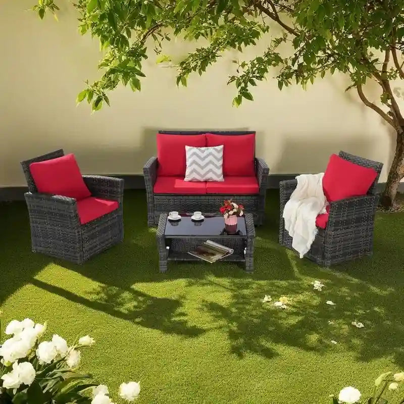 Ensemble de canapé de conversation en rotin pour patio extérieur 4 pièces avec table basse en verre trempé