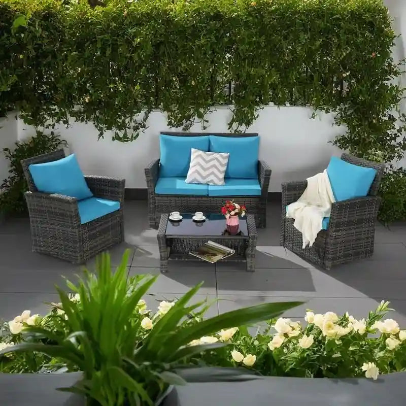 Ensemble de canapé de conversation en rotin pour patio extérieur 4 pièces avec table basse en verre trempé