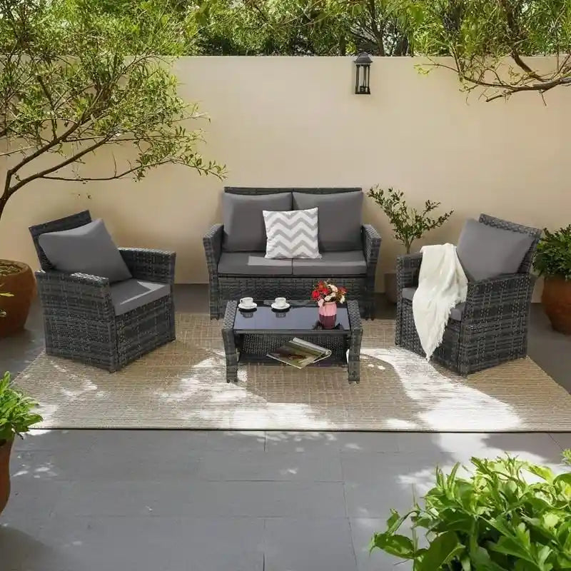 Ensemble de canapé de conversation en rotin pour patio extérieur 4 pièces avec table basse en verre trempé