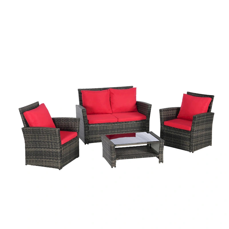 Ensemble de canapé de conversation en rotin pour patio extérieur 4 pièces avec table basse en verre trempé