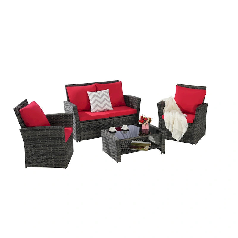 Ensemble de canapé de conversation en rotin pour patio extérieur 4 pièces avec table basse en verre trempé