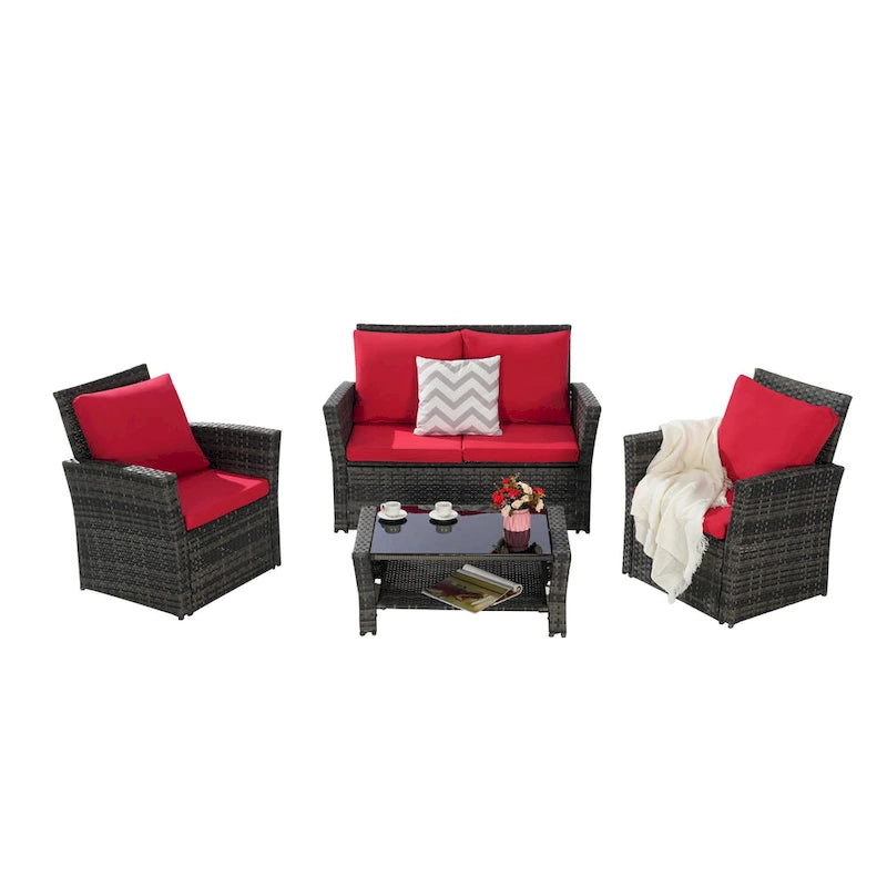 Ensemble de canapé de conversation en rotin pour patio extérieur 4 pièces avec table basse en verre trempé