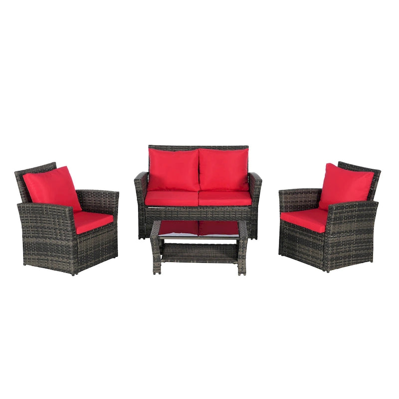 Ensemble de canapé de conversation en rotin pour patio extérieur 4 pièces avec table basse en verre trempé