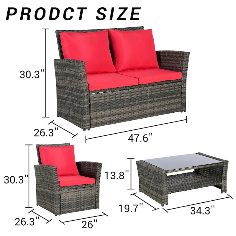 Ensemble de canapé de conversation en rotin pour patio extérieur 4 pièces avec table basse en verre trempé