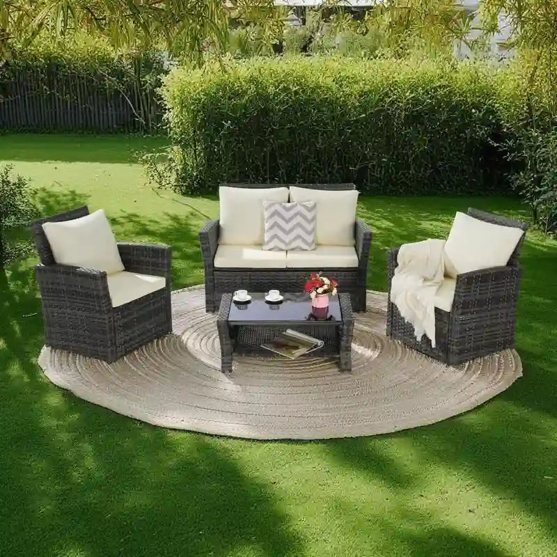 Ensemble de canapé de conversation en rotin pour patio extérieur 4 pièces avec table basse en verre trempé