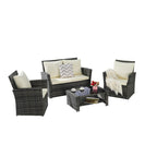 Ensemble de canapé de conversation en rotin pour patio extérieur 4 pièces avec table basse en verre trempé