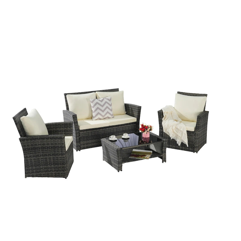 Ensemble de canapé de conversation en rotin pour patio extérieur 4 pièces avec table basse en verre trempé