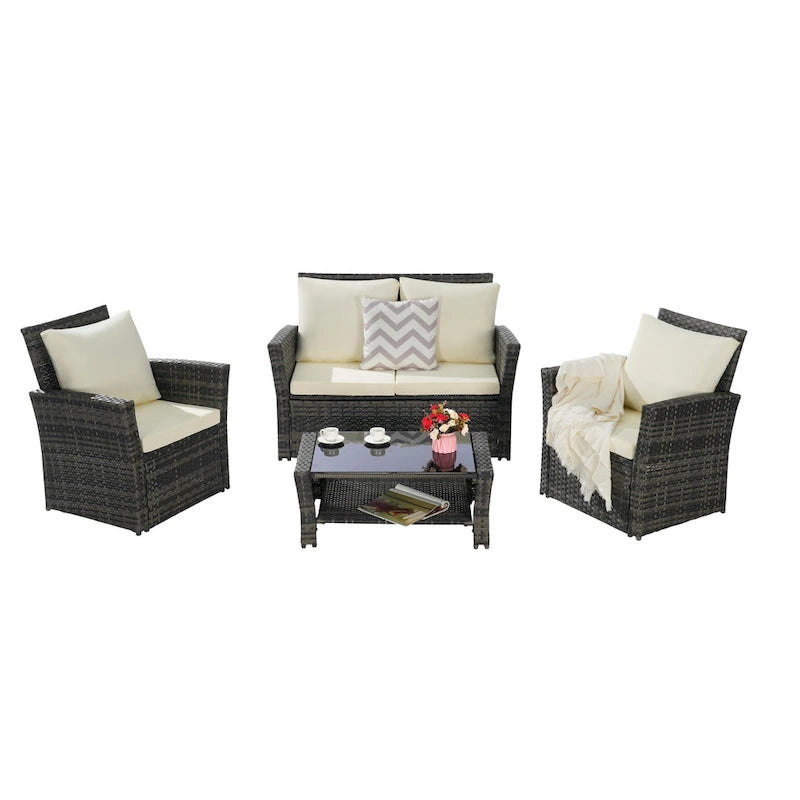 Ensemble de canapé de conversation en rotin pour patio extérieur 4 pièces avec table basse en verre trempé