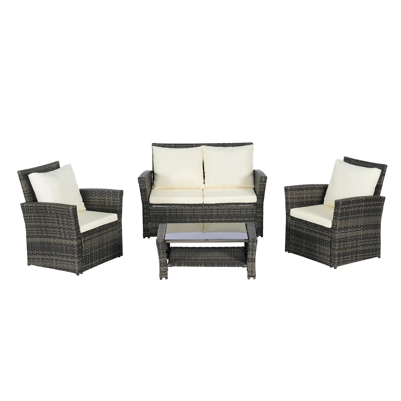 Ensemble de canapé de conversation en rotin pour patio extérieur 4 pièces avec table basse en verre trempé