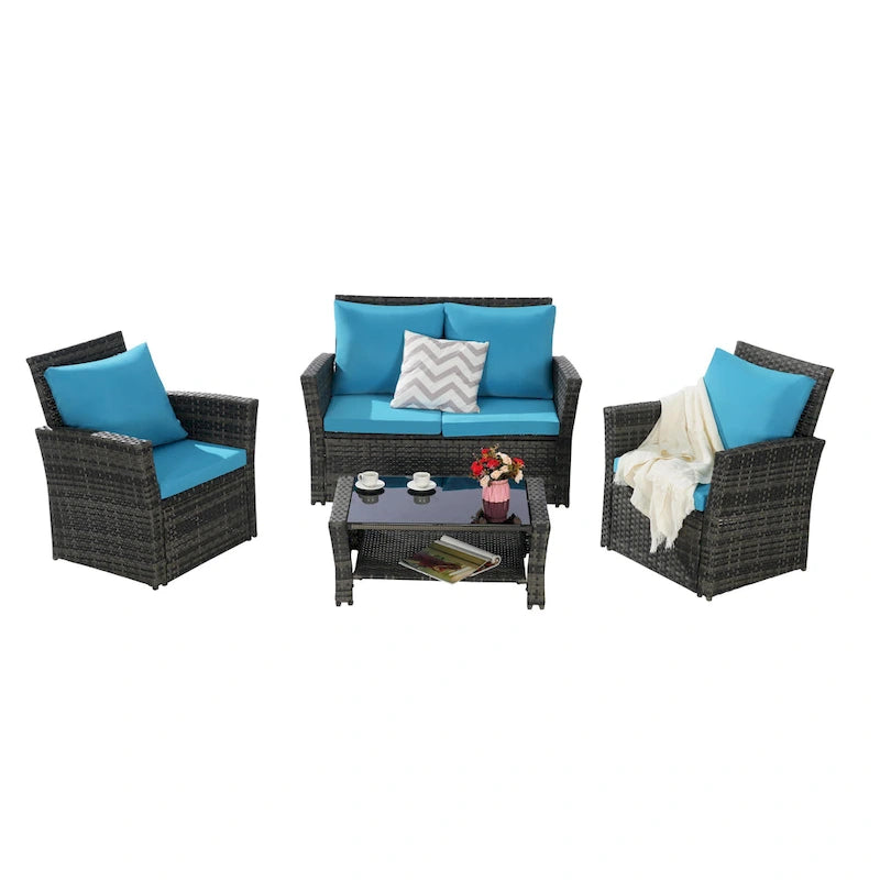 Ensemble de canapé de conversation en rotin pour patio extérieur 4 pièces avec table basse en verre trempé