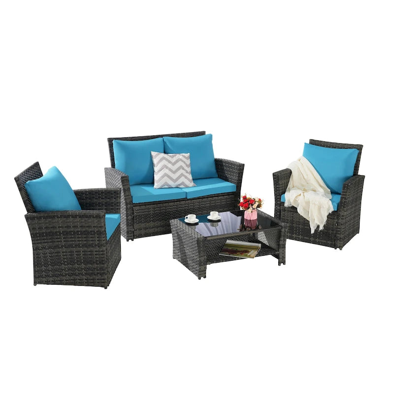 Ensemble de canapé de conversation en rotin pour patio extérieur 4 pièces avec table basse en verre trempé