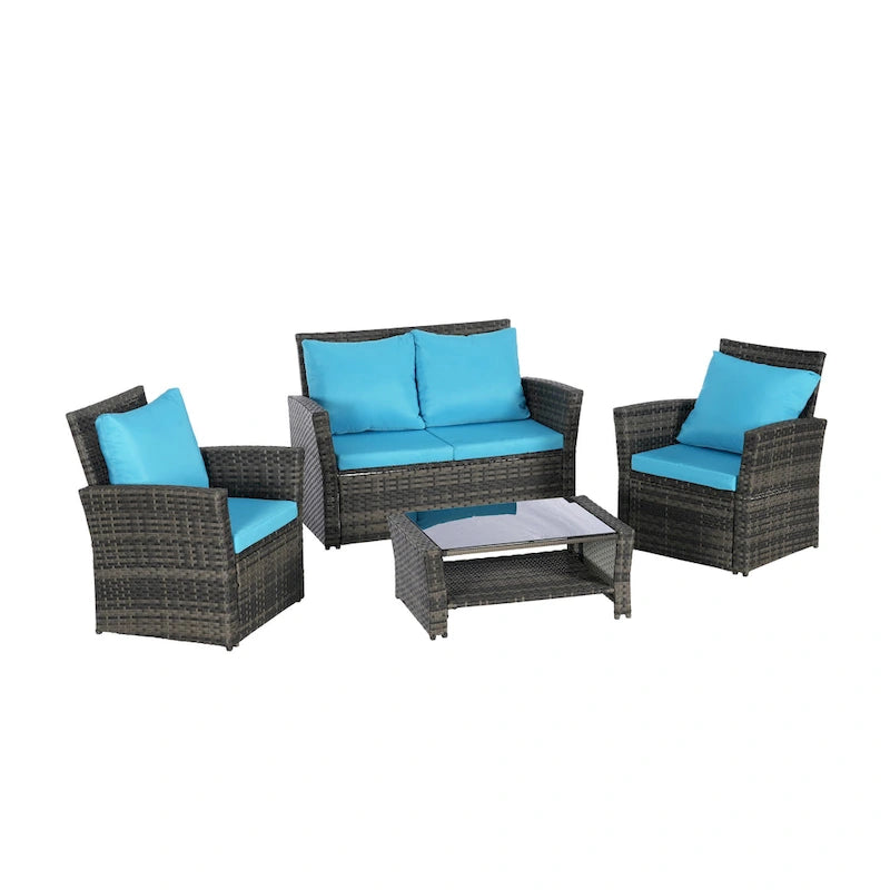 Ensemble de canapé de conversation en rotin pour patio extérieur 4 pièces avec table basse en verre trempé