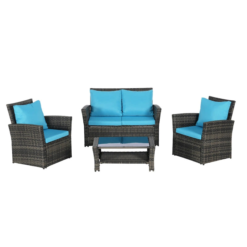 Ensemble de canapé de conversation en rotin pour patio extérieur 4 pièces avec table basse en verre trempé