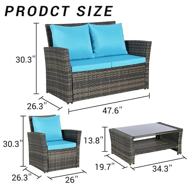 Ensemble de canapé de conversation en rotin pour patio extérieur 4 pièces avec table basse en verre trempé