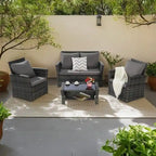 Ensemble de canapé de conversation en rotin pour patio extérieur 4 pièces avec table basse en verre trempé