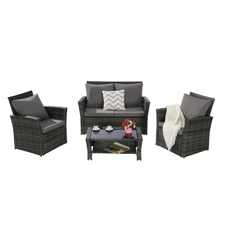 Ensemble de canapé de conversation en rotin pour patio extérieur 4 pièces avec table basse en verre trempé