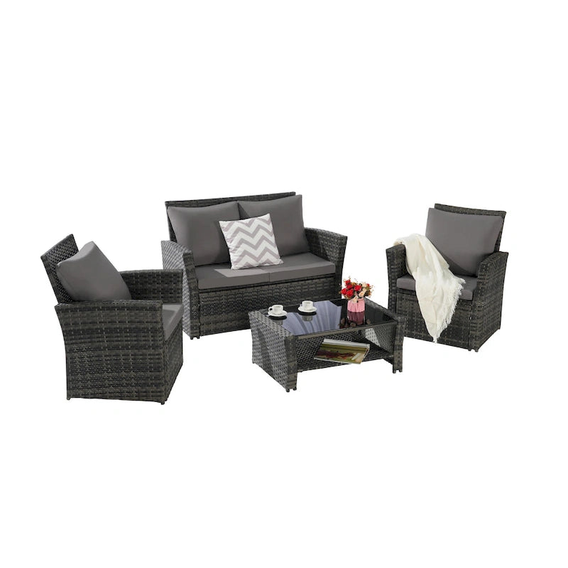 Ensemble de canapé de conversation en rotin pour patio extérieur 4 pièces avec table basse en verre trempé