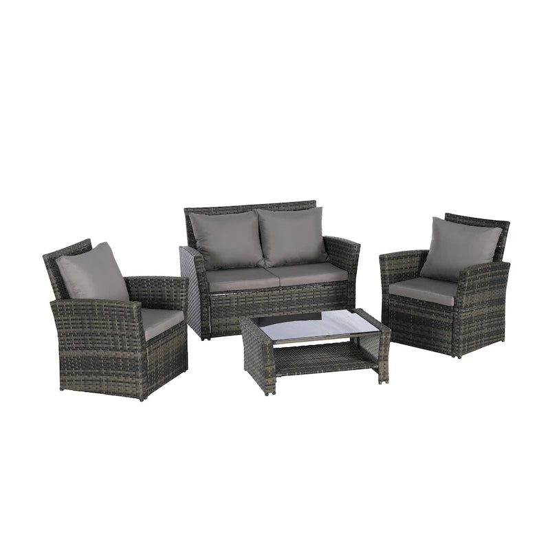 Ensemble de canapé de conversation en rotin pour patio extérieur 4 pièces avec table basse en verre trempé