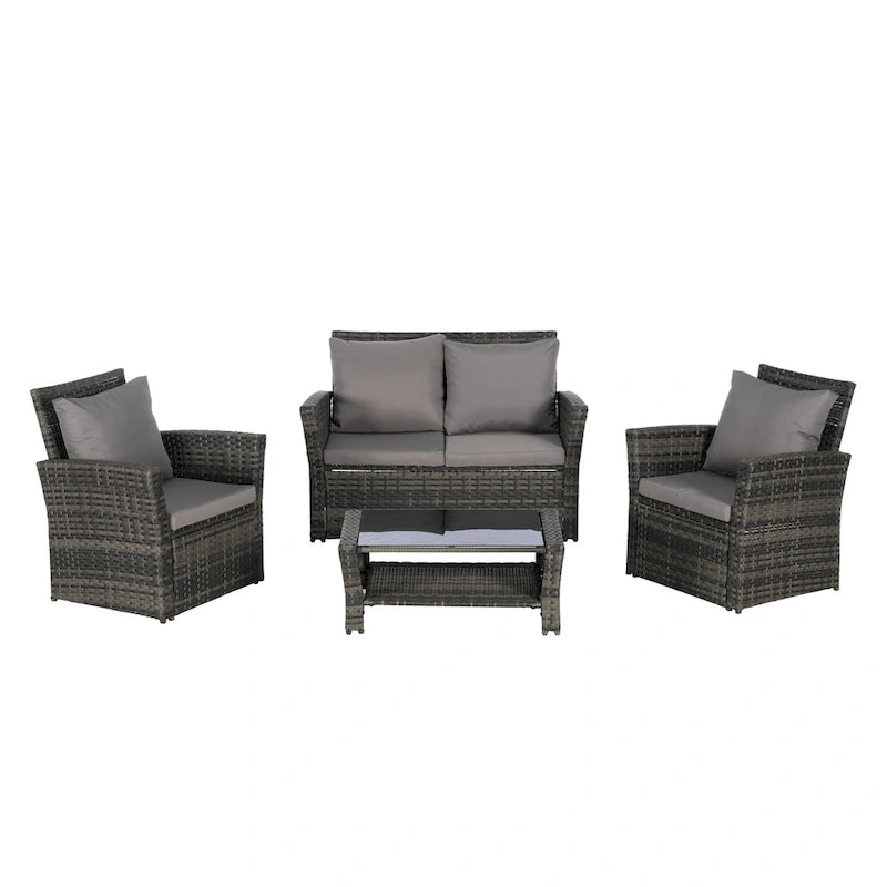 Ensemble de canapé de conversation en rotin pour patio extérieur 4 pièces avec table basse en verre trempé