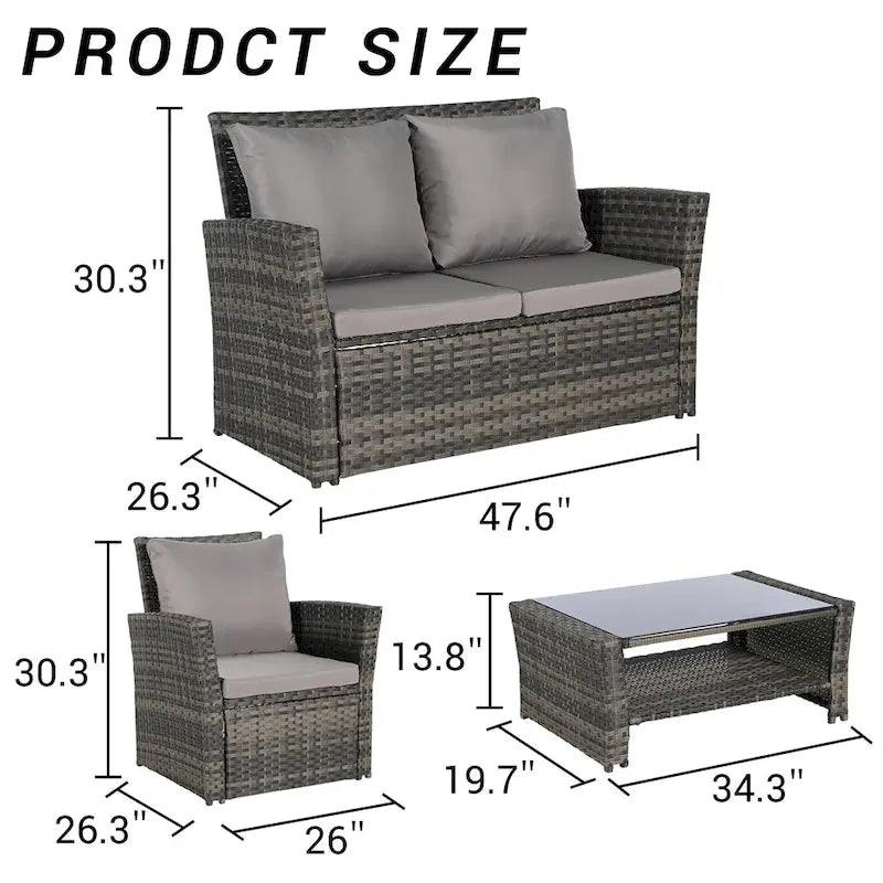 Ensemble de canapé de conversation en rotin pour patio extérieur 4 pièces avec table basse en verre trempé