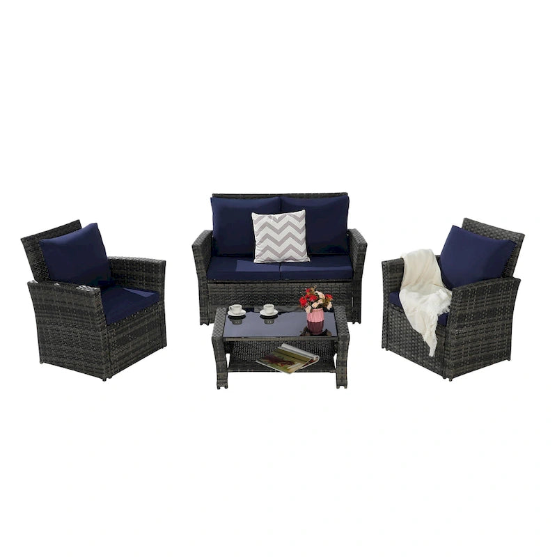 Ensemble de canapé de conversation en rotin pour patio extérieur 4 pièces avec table basse en verre trempé