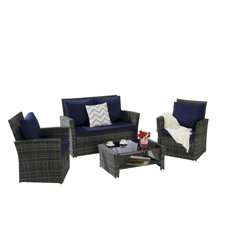 Ensemble de canapé de conversation en rotin pour patio extérieur 4 pièces avec table basse en verre trempé