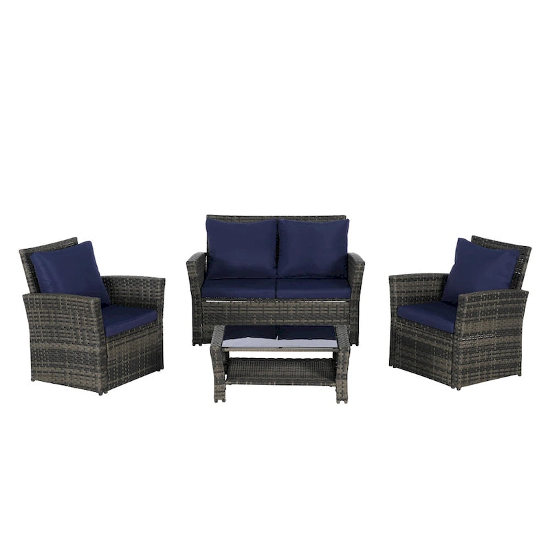 Ensemble de canapé de conversation en rotin pour patio extérieur 4 pièces avec table basse en verre trempé