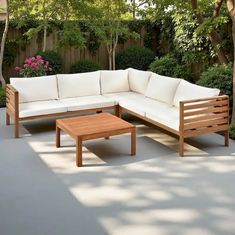 Ensemble de canapé d'angle en L 4 pièces en bois d'acacia pour l'extérieur avec table basse