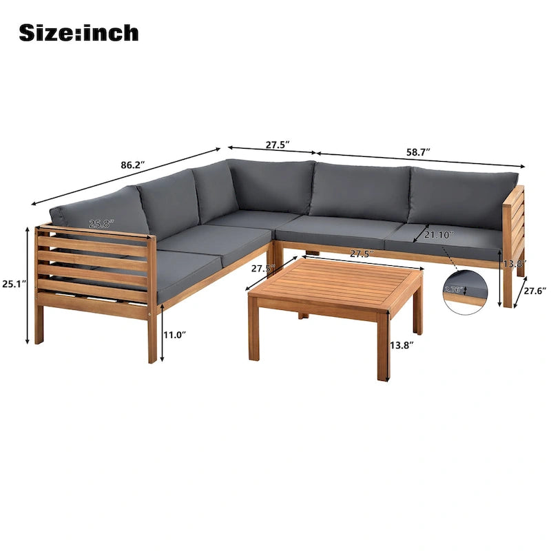 Ensemble de canapé d'angle en L 4 pièces en bois d'acacia pour l'extérieur avec table basse