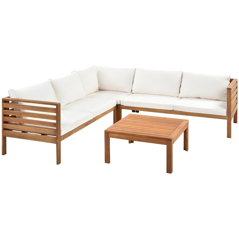 Ensemble de canapé d'angle en L 4 pièces en bois d'acacia pour l'extérieur avec table basse