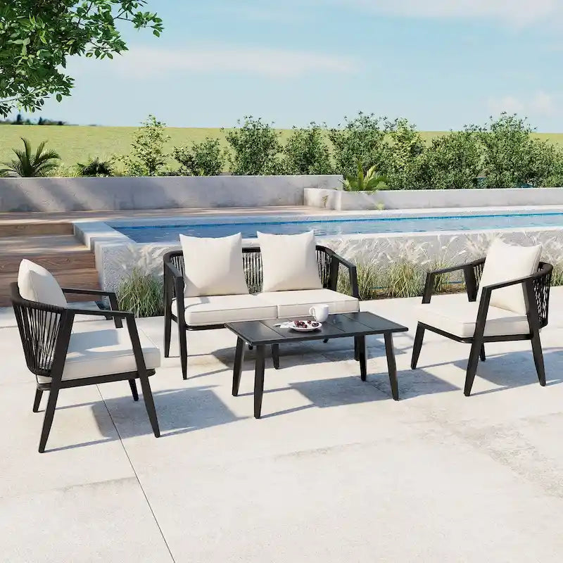 Ensemble de canapé d'extérieur en fer forgé 4 pièces avec table basse et coussins