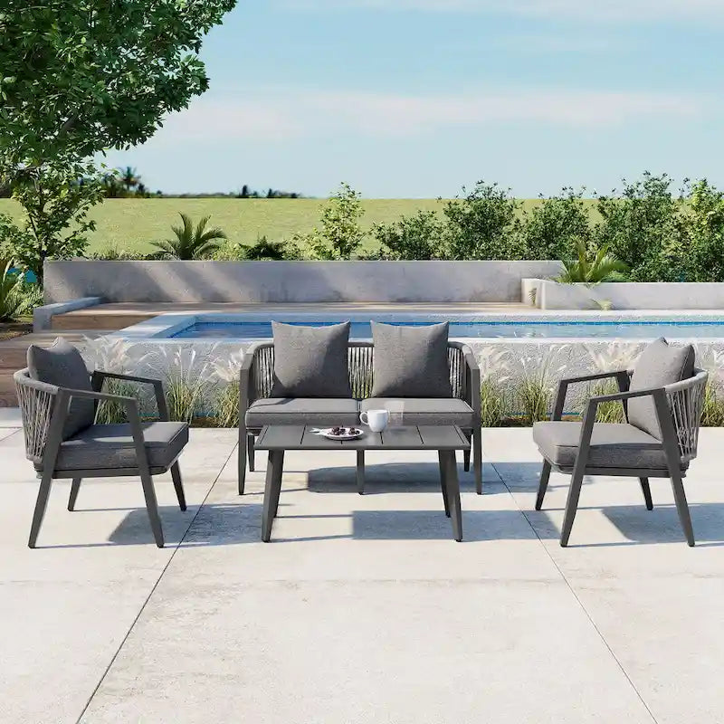 Ensemble de canapé d'extérieur en fer forgé 4 pièces avec table basse et coussins