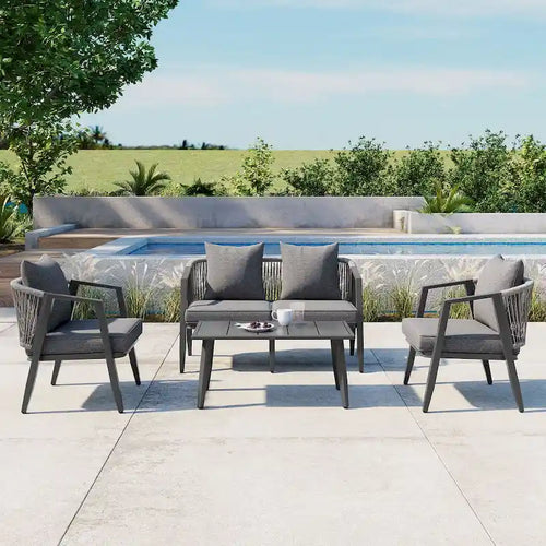 Ensemble de canapé d'extérieur en fer forgé 4 pièces avec table basse et coussins