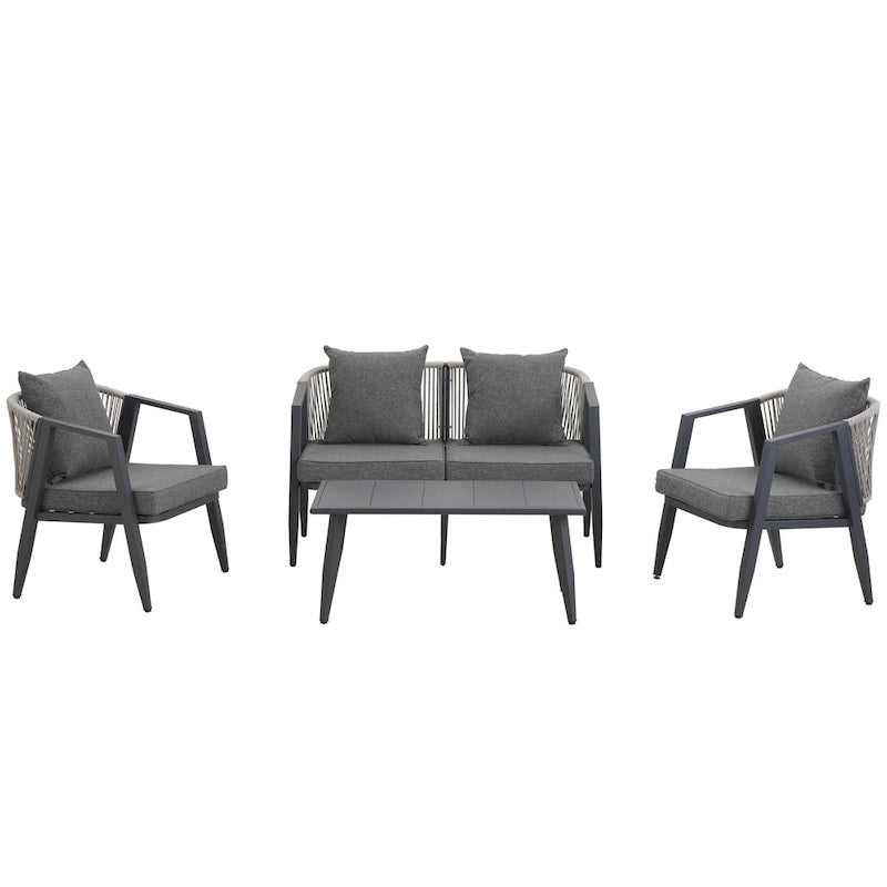 Ensemble de canapé d'extérieur en fer forgé 4 pièces avec table basse et coussins