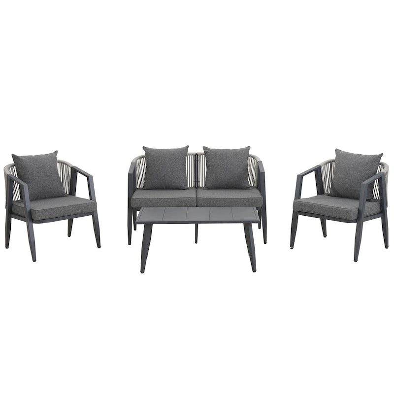 Ensemble de canapé d'extérieur en fer forgé 4 pièces avec table basse et coussins