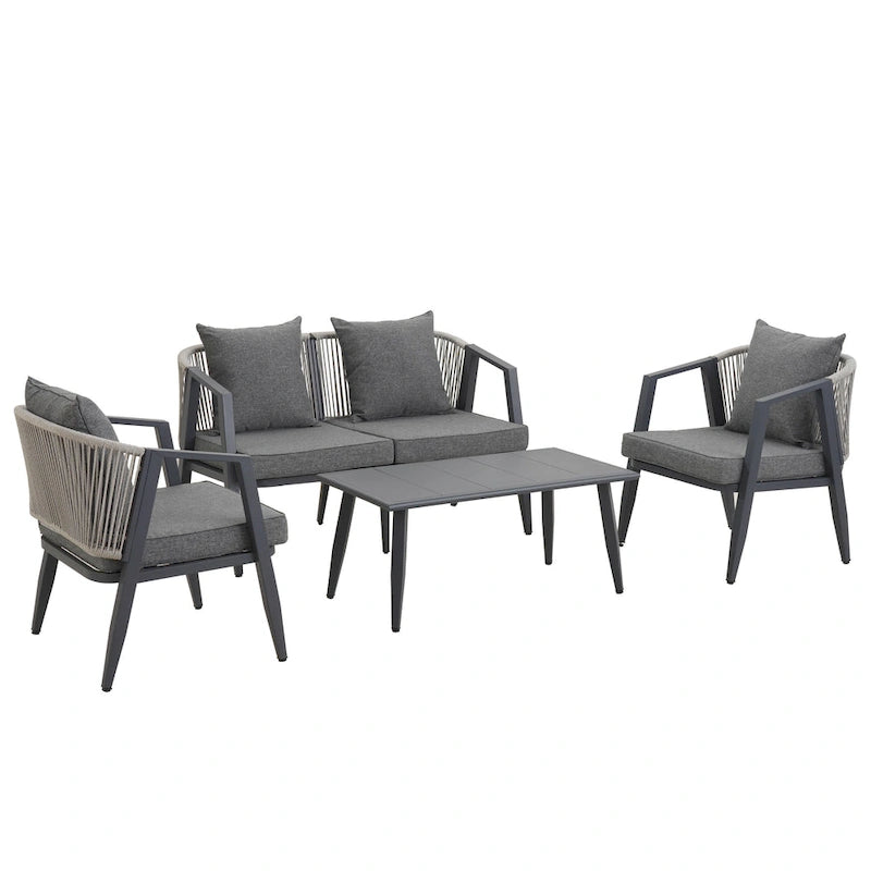 Ensemble de canapé d'extérieur en fer forgé 4 pièces avec table basse et coussins