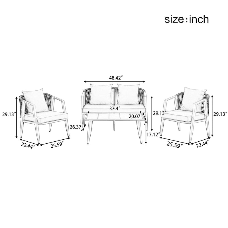 Ensemble de canapé d'extérieur en fer forgé 4 pièces avec table basse et coussins