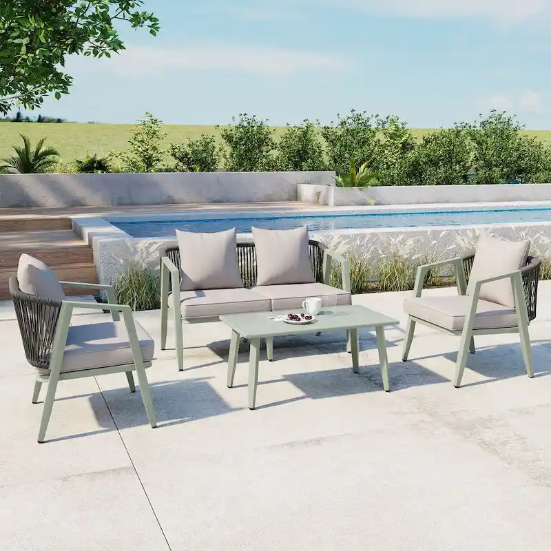 Ensemble de canapé d'extérieur en fer forgé 4 pièces avec table basse et coussins