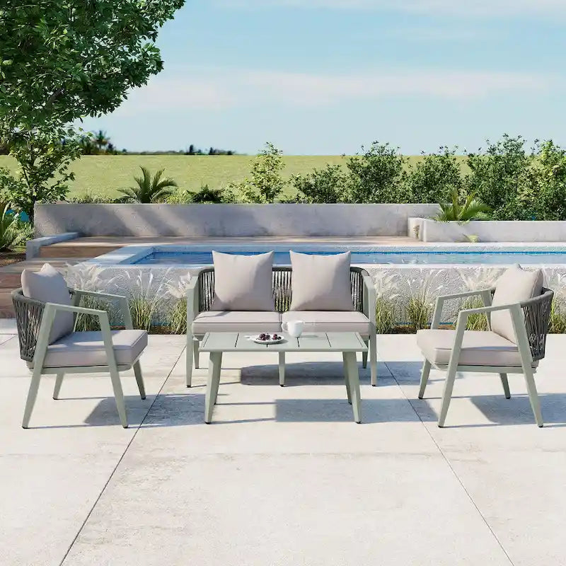 Ensemble de canapé d'extérieur en fer forgé 4 pièces avec table basse et coussins