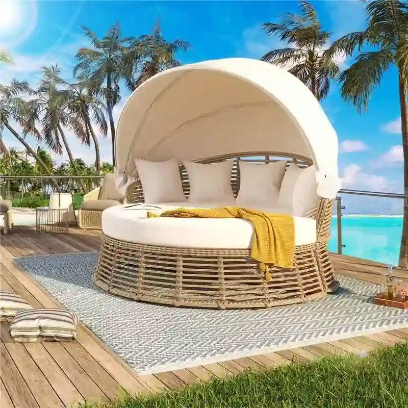 Outdoor Rattan Round Daybed with Canopy & Removable Cushions