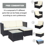 Ensemble de canapé d'angle d'extérieur en rotin 5 pièces avec table basse et coussins