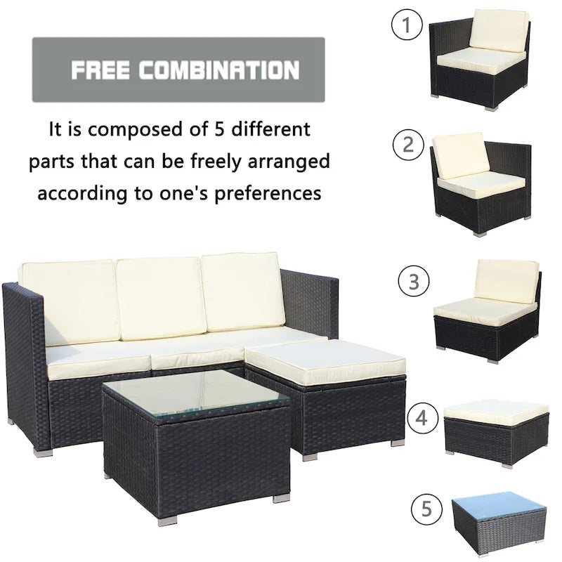 Ensemble de canapé d'angle d'extérieur en rotin 5 pièces avec table basse et coussins