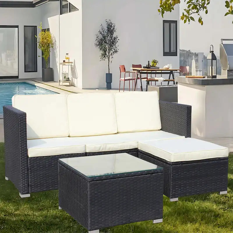 Ensemble de canapé d'angle d'extérieur en rotin 5 pièces avec table basse et coussins