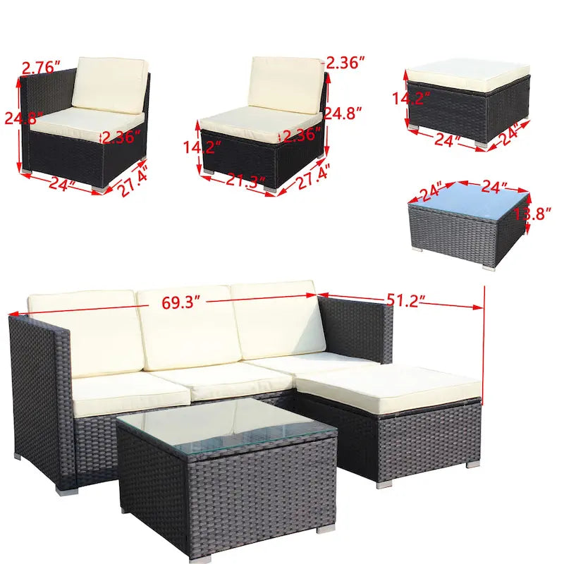 Ensemble de canapé d'angle d'extérieur en rotin 5 pièces avec table basse et coussins