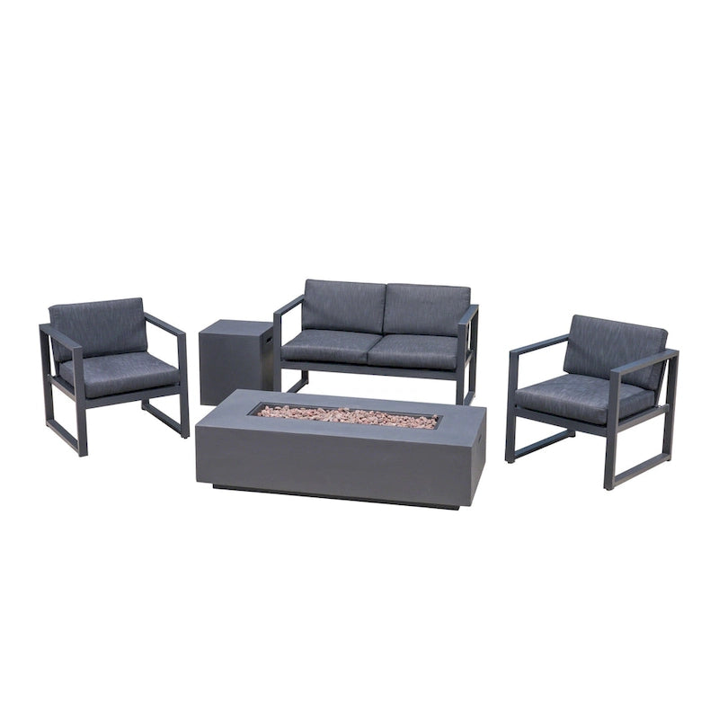 Ensemble de conversation extérieur Navan 4 places en aluminium avec foyer et support pour bouteille de gaz, par Christopher Knight Home