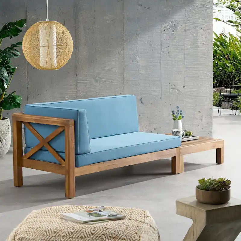 Ensemble canapé deux places et table basse d'extérieur Brava en bois d'acacia avec accoudoir gauche et coussin, par Christopher Knight Home